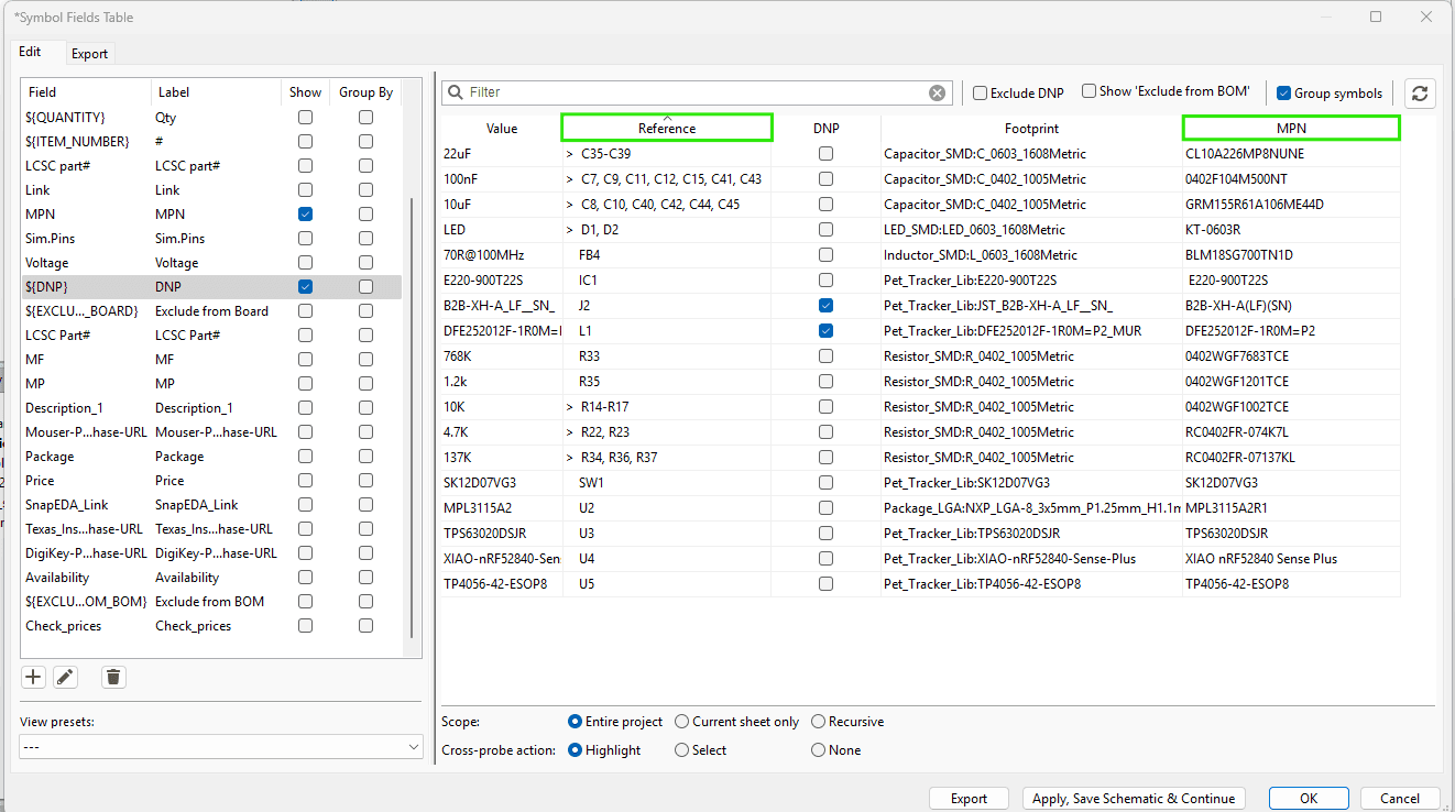 KiCAD BOM Plugin Selection